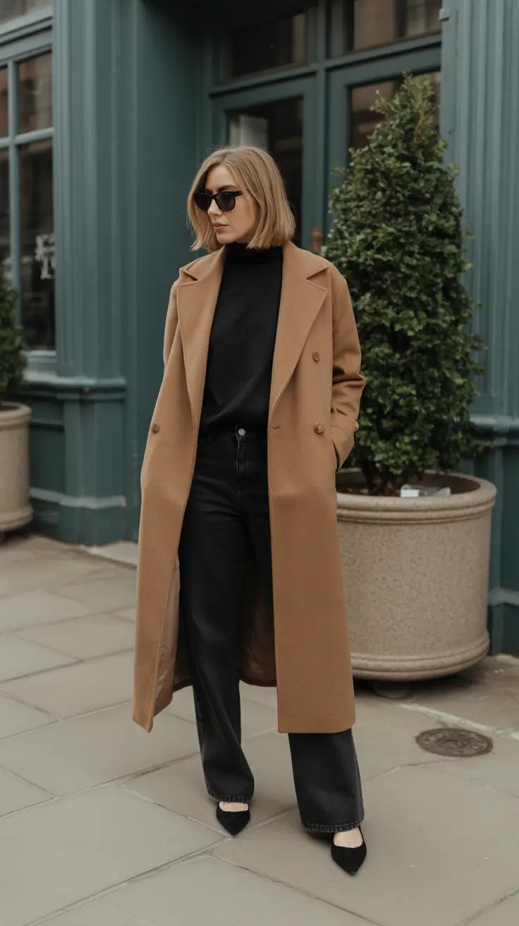 Capsule Wardrobe Outfit Ideas 2026 - Camel Coat Over All-Black Staples