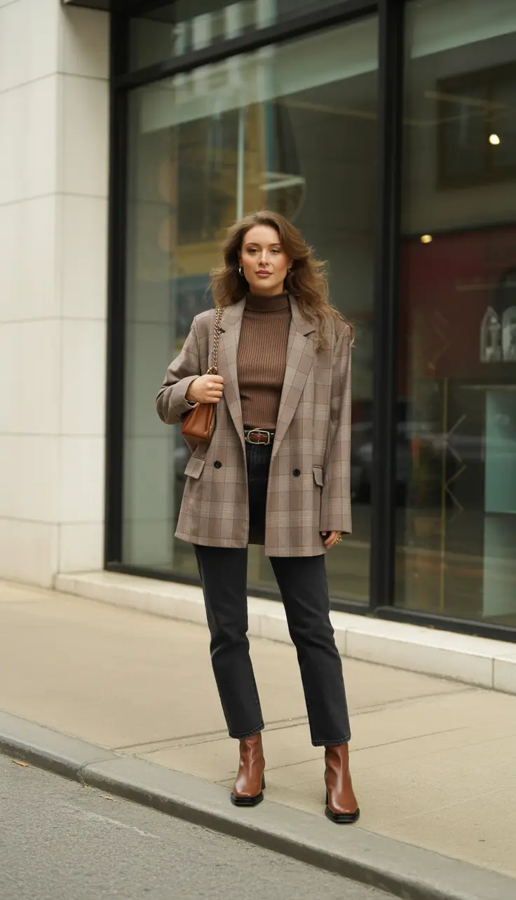 Capsule Wardrobe Outfit Ideas 2026 - Plaid Blazer And Turtleneck With Slim Black Jeans