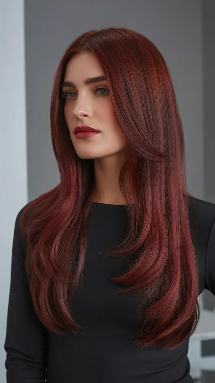 Deep cherry red hair color 2026 Sleek Deep Cherry Layers