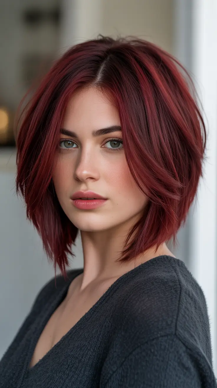 Deep cherry red hair color 2026 - Layered Cherry Shag Lob With Movement