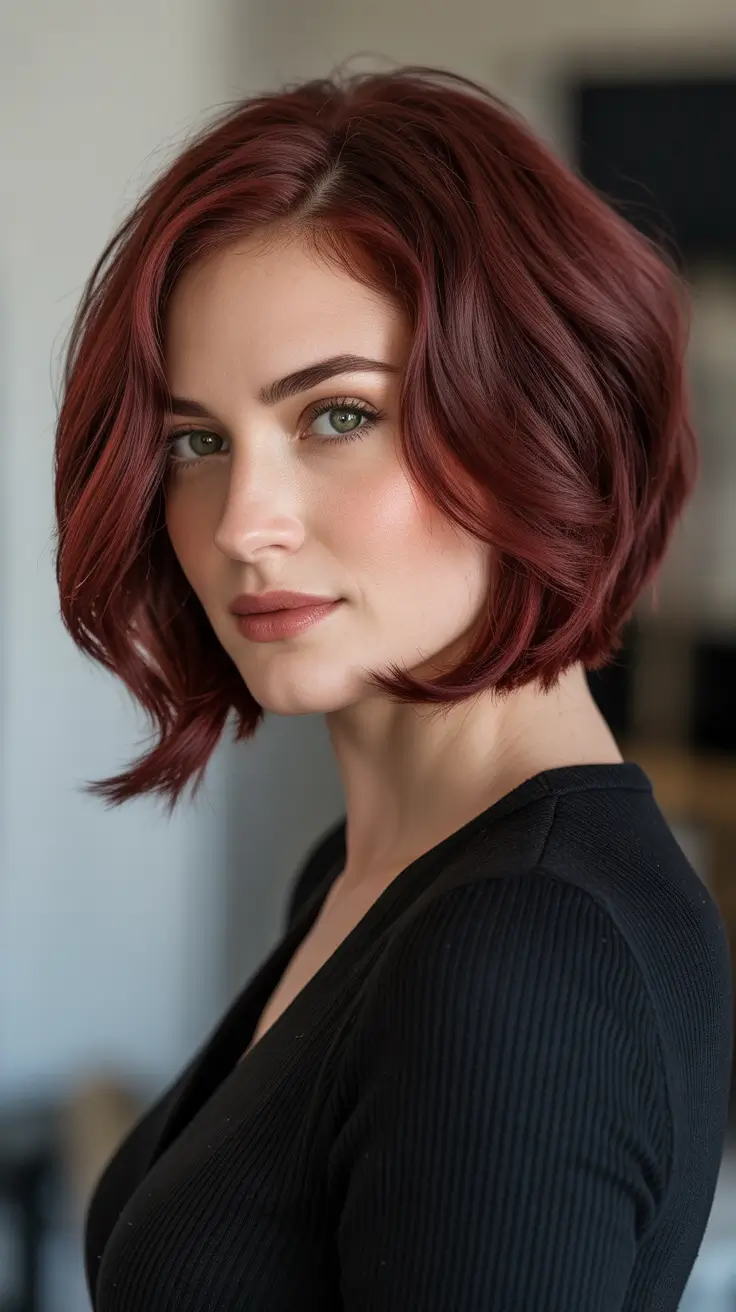 Deep cherry red hair color 2026 - Rounded Cherry Bob With Soft Volume