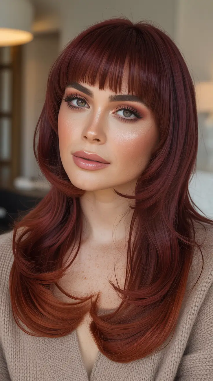 Deep cherry red hair color 2026 - Glossy Cherry Layers With Full Fringe