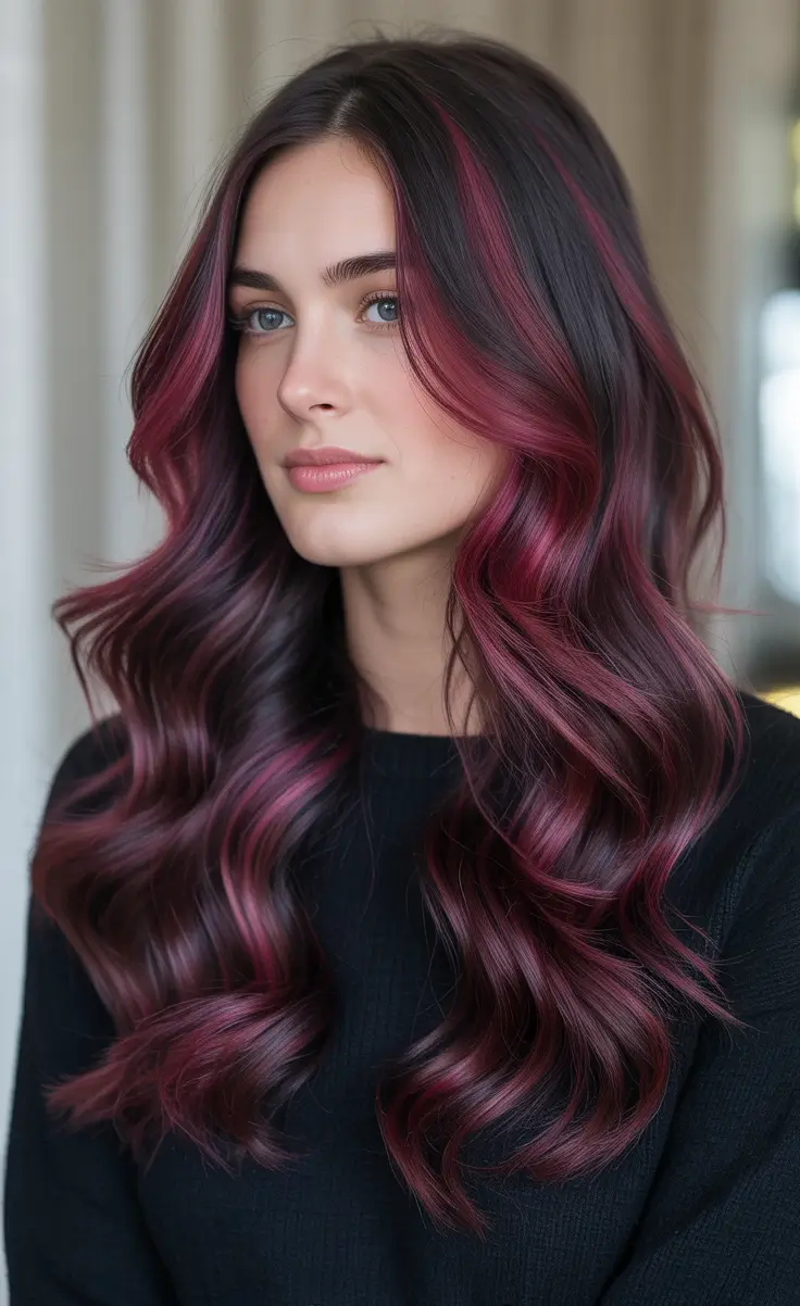 Deep cherry red hair color 2026 - Velvety Cherry Ribbon Waves On Dark Brunette