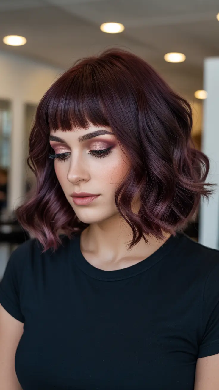 Deep cherry red hair color 2026 - Textured Cherry Bob With Soft Micro Bangs