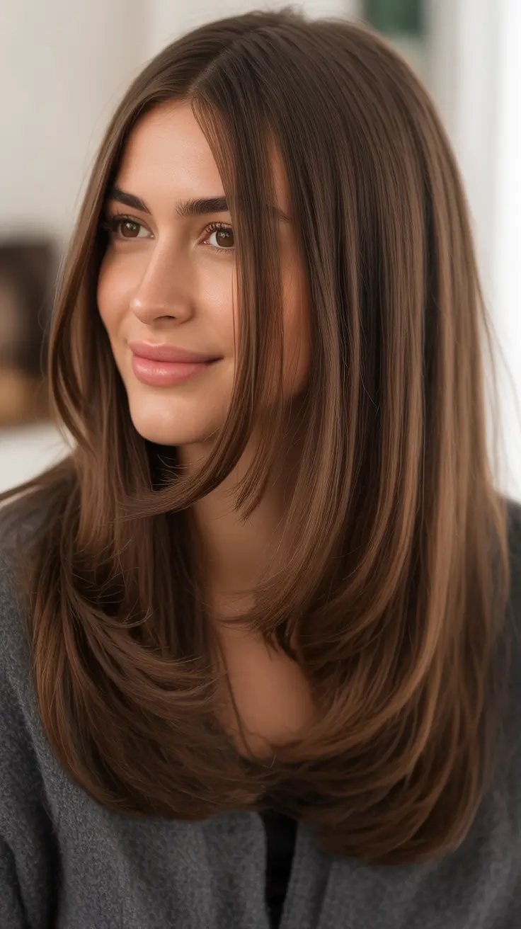 Rich Chocolate Brown Hair Color 2026 Feathered Milk Chocolate Layers With A Soft Flip