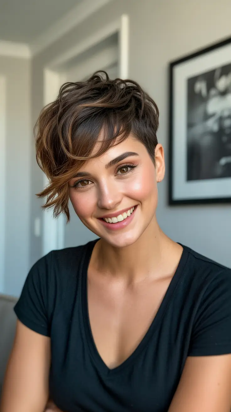 Rich Chocolate Brown Hair Color 2026 Playful Short Chocolate Crop With Caramel Swoop