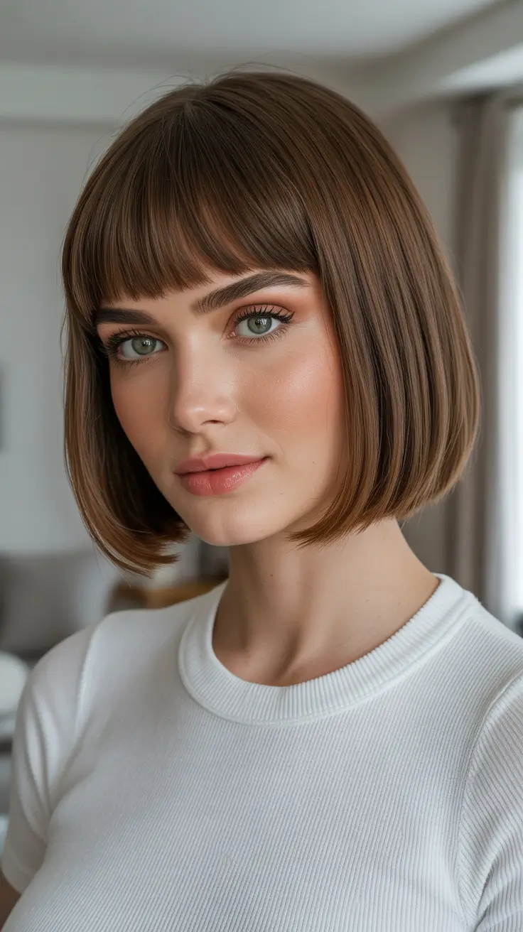 Rich Chocolate Brown Hair Color 2026 Clean Milk Chocolate Bob With Soft Fringe