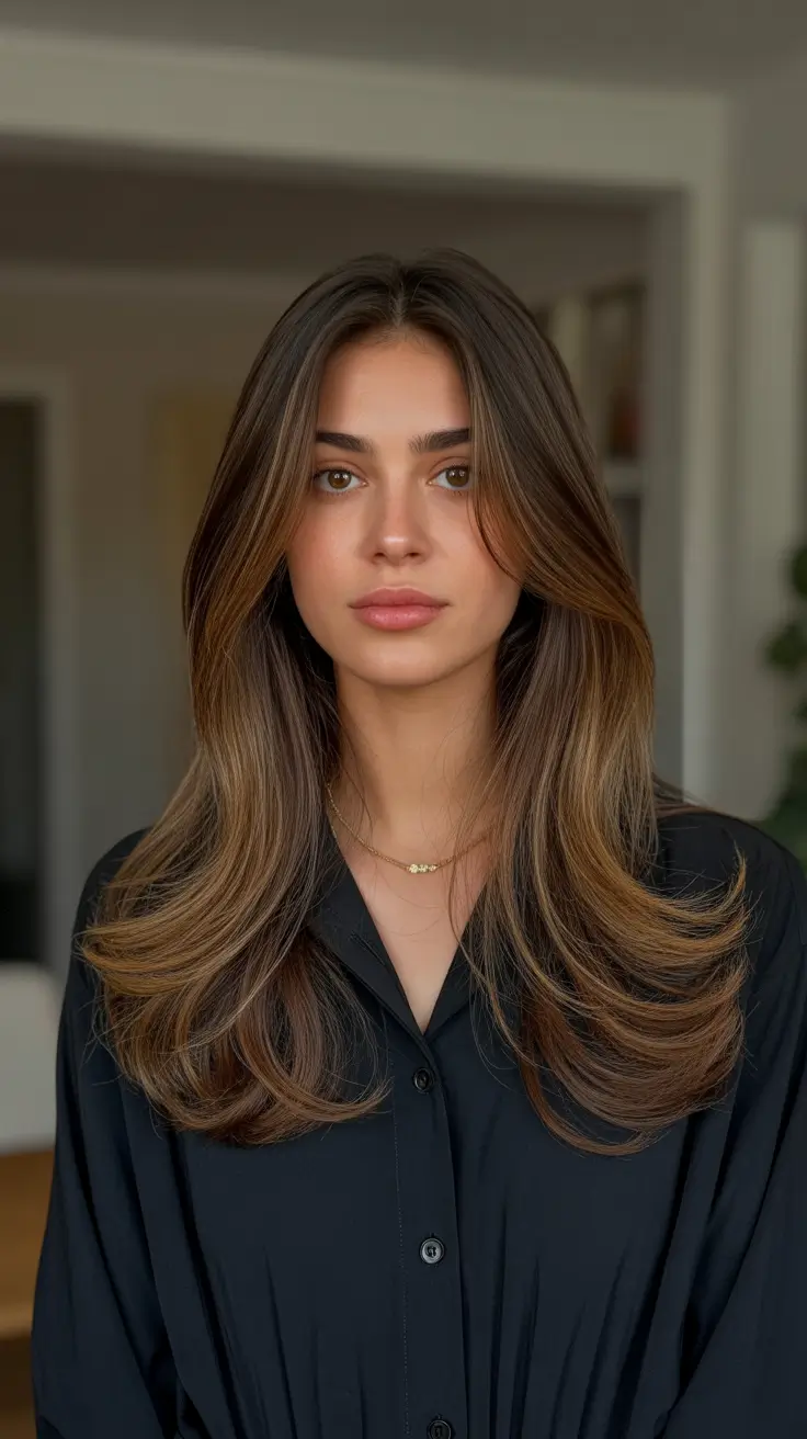 Rich Chocolate Brown Hair Color 2026 - Feathered Layers With Soft Balayage Flow