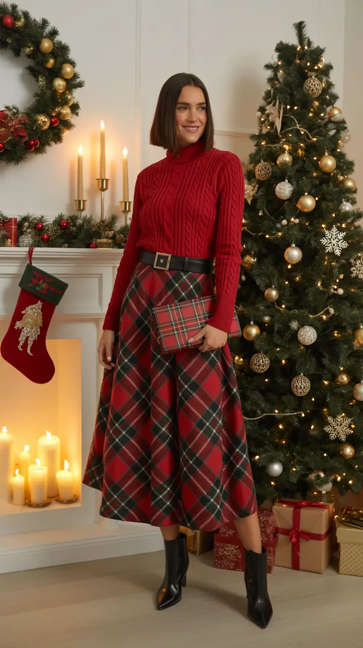 Trendy Christmas Outfits 2025 - Heritage Tartan With Cozy Cable Knit
