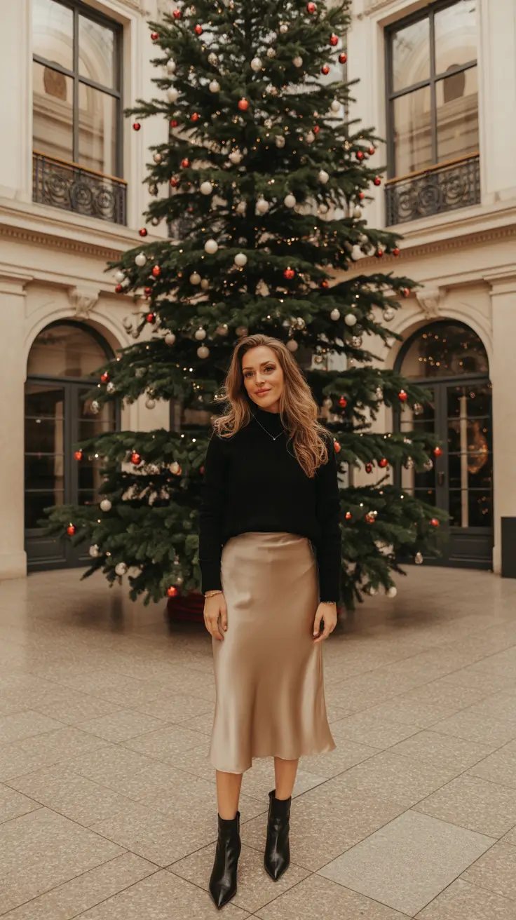 Trendy Christmas Outfits 2025 - Champagne Satin Skirt With Cozy Black Knit