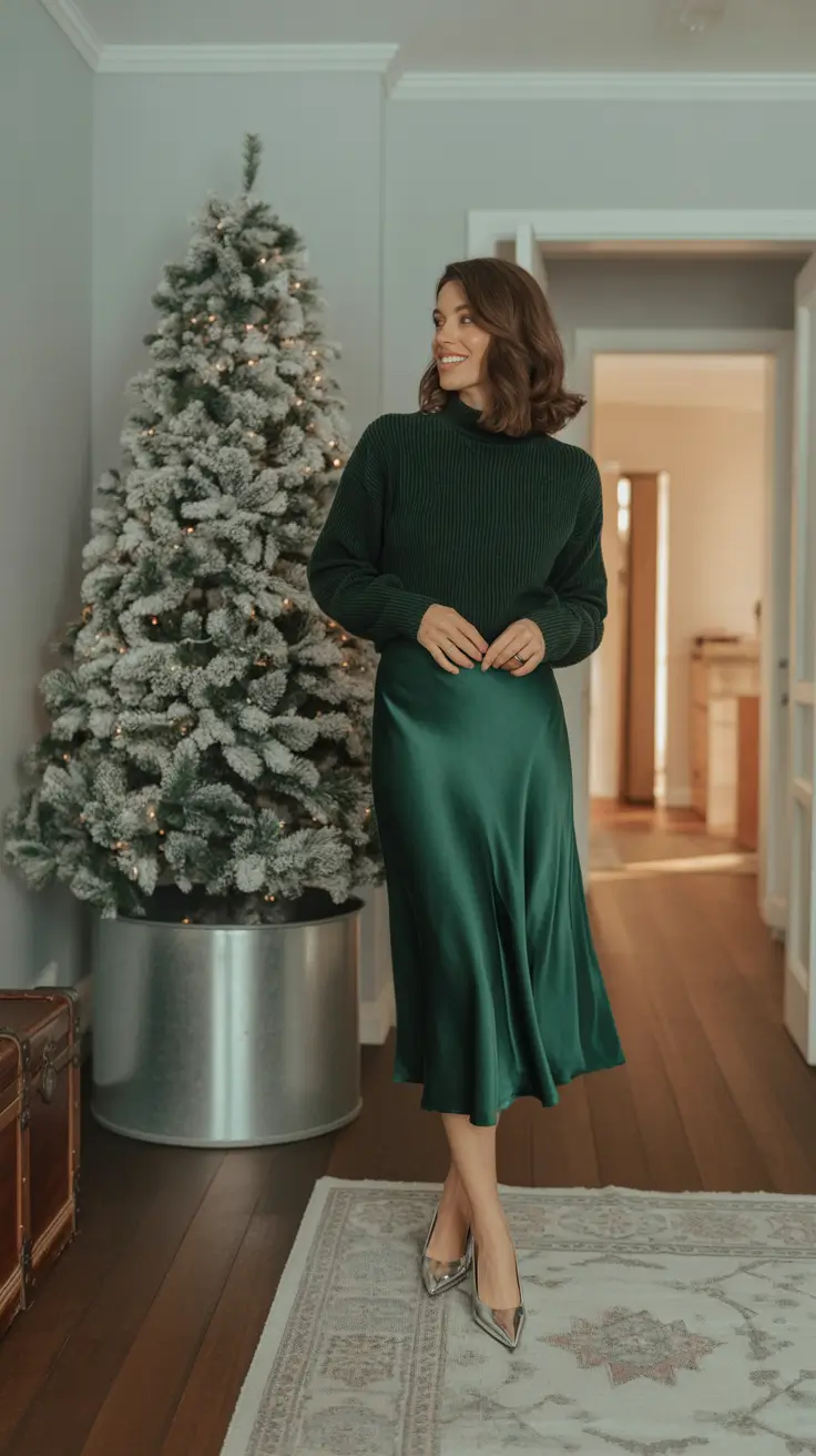Trendy Christmas Outfits 2025 - Emerald Satin And Soft Knit
