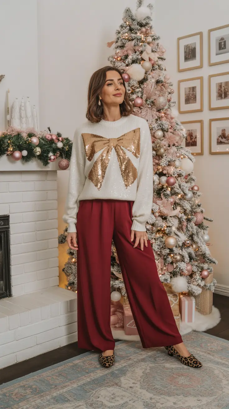 Trendy Christmas Outfits 2025 - Gift-Bow Glam With Merlot Trousers