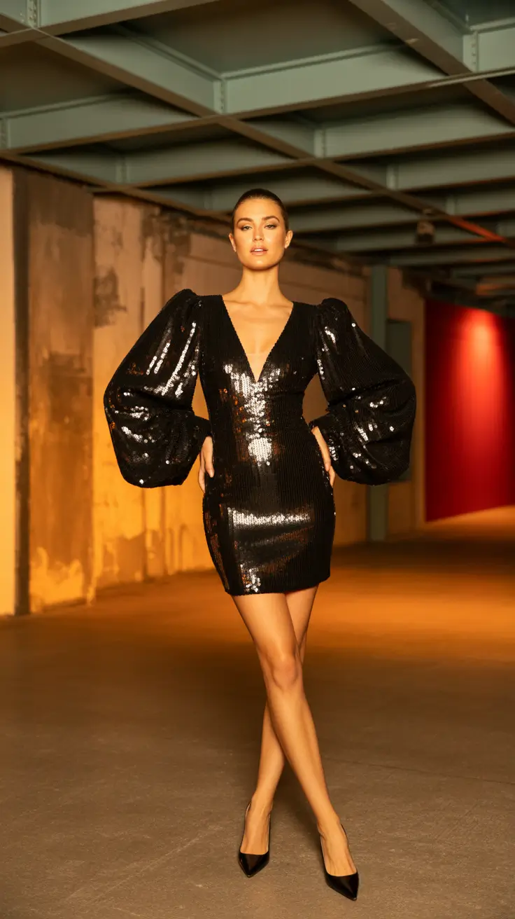 Trendy club outfits 2026 - Statement Puff-Sleeve Sequin Mini