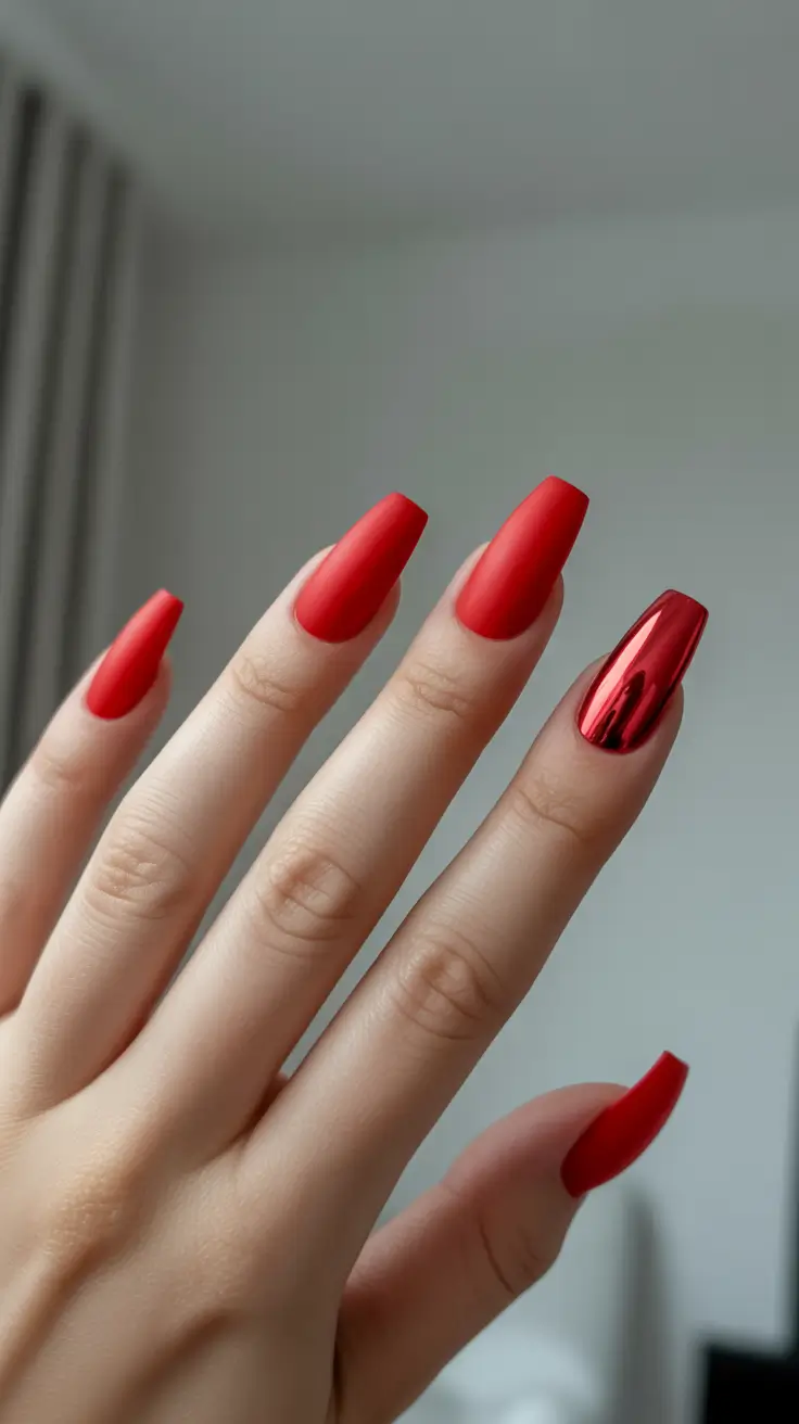 coffin nails ideas 2026 Glam Red Chrome Coffin Nails
