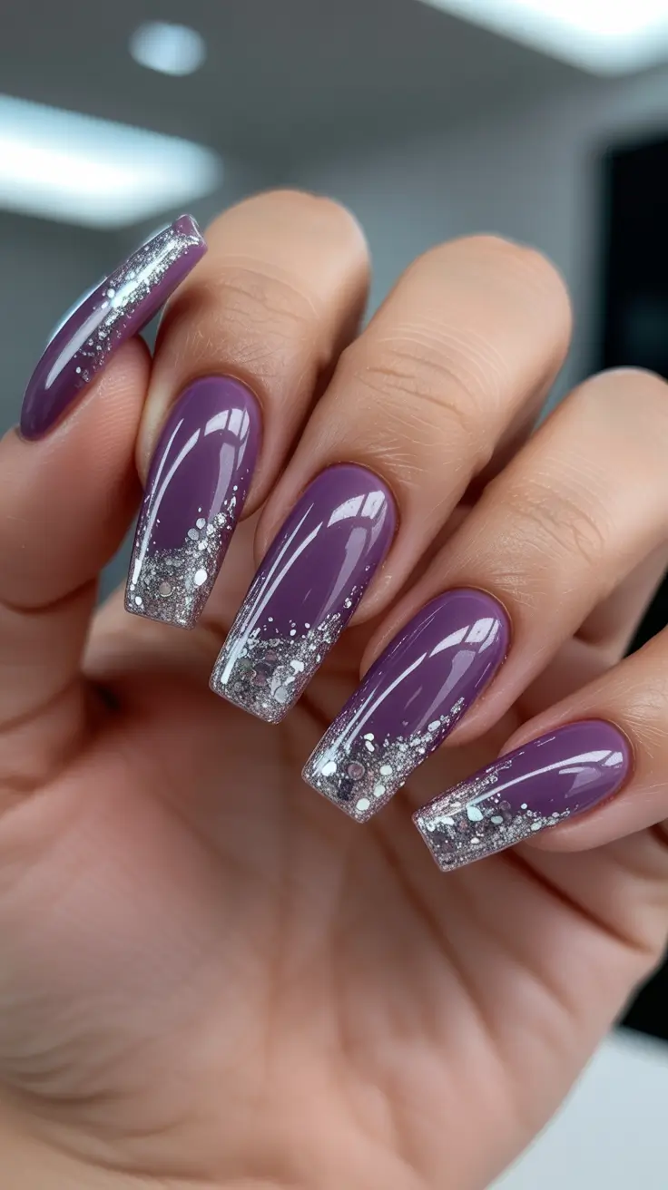 coffin nails ideas 2026 Twilight Purple Glitter Coffin Nails