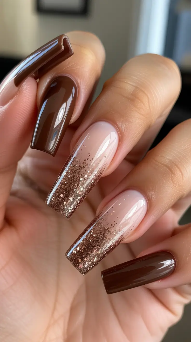 coffin nails ideas 2026 Mocha Ombre Sparkle Coffin Nails