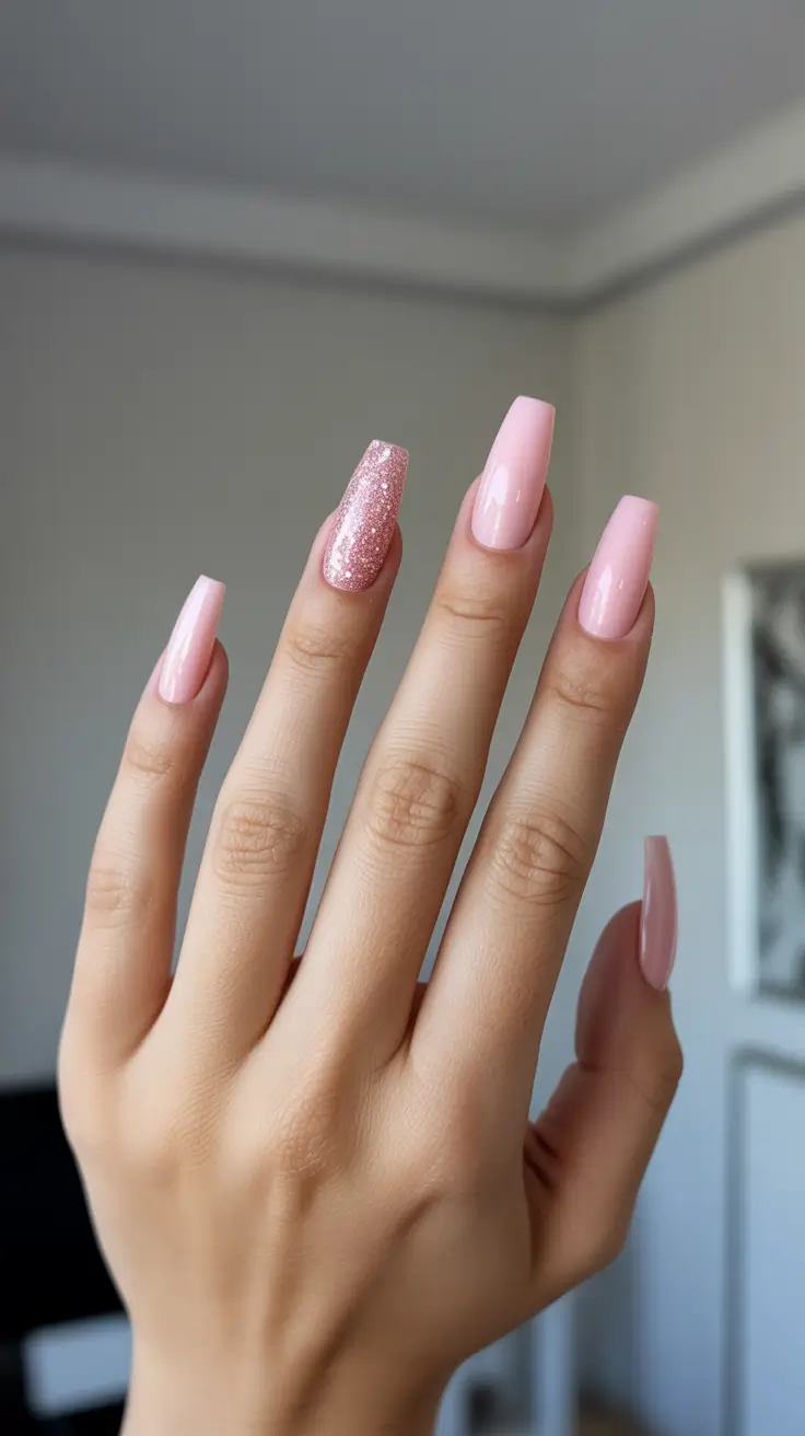 coffin nails ideas 2026 Sparkling Baby Pink Coffin Nails