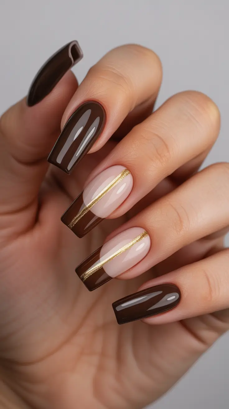 coffin nails ideas 2026 - Chocolate Ribbon French Coffin Nails