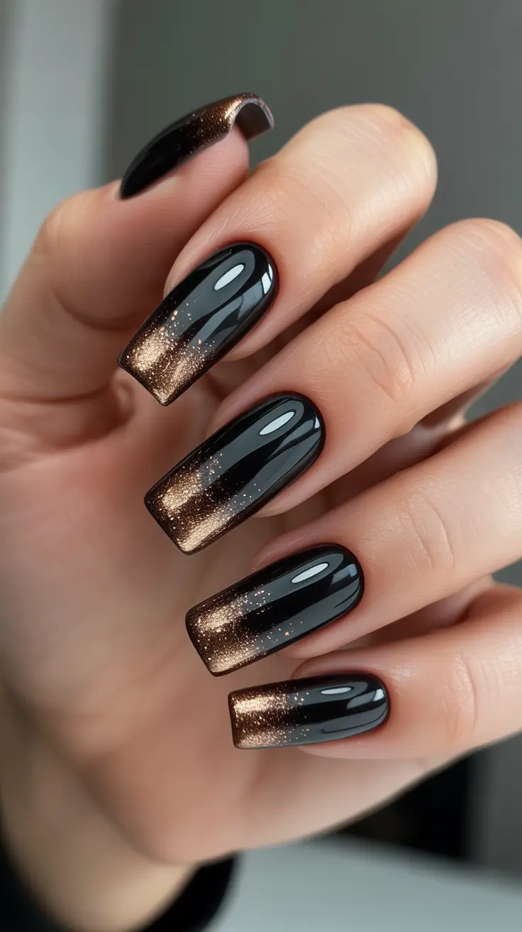 coffin nails ideas 2026 - Black Espresso Glow Coffin Nails