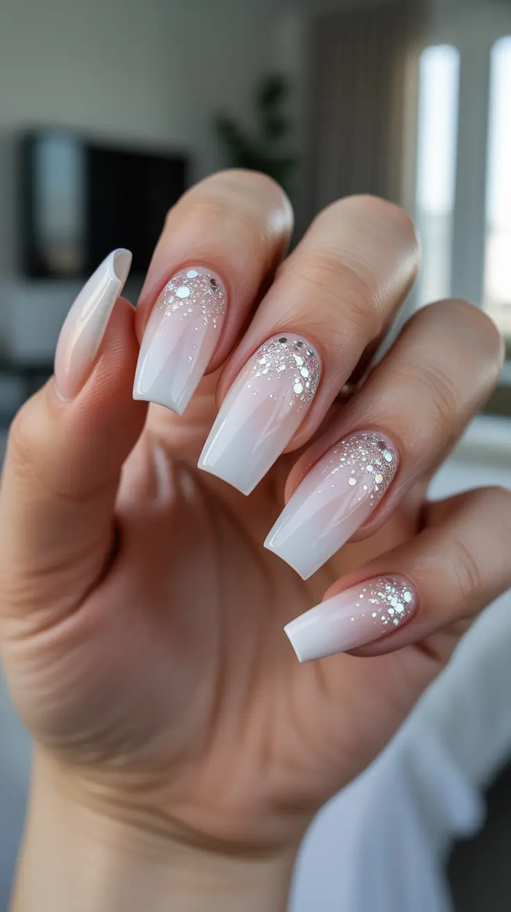 coffin nails ideas 2026 Soft White Sparkle Ombre Coffin Nails