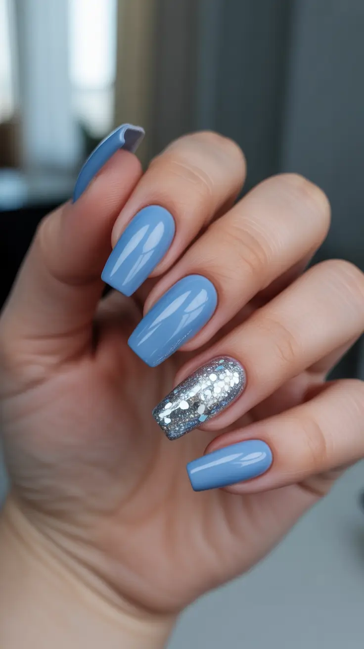 coffin nails ideas 2026 - Soft Blue Sparkle Accent Coffin Nails
