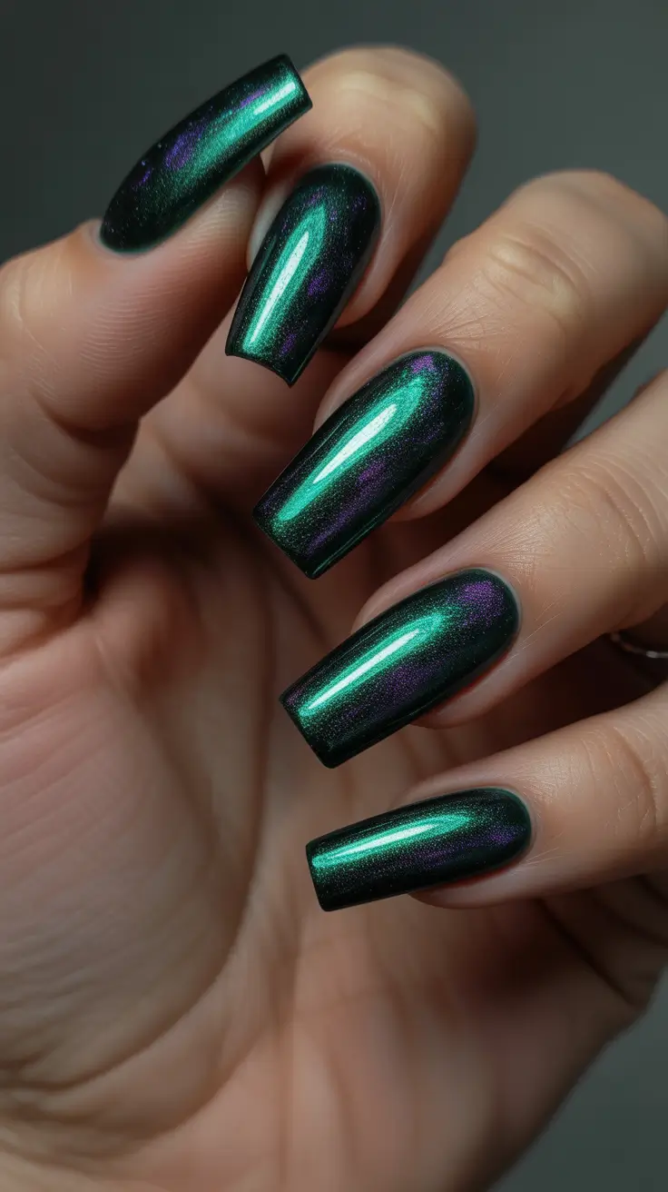 coffin nails ideas 2026 - Emerald Galaxy Chrome Coffin Nails