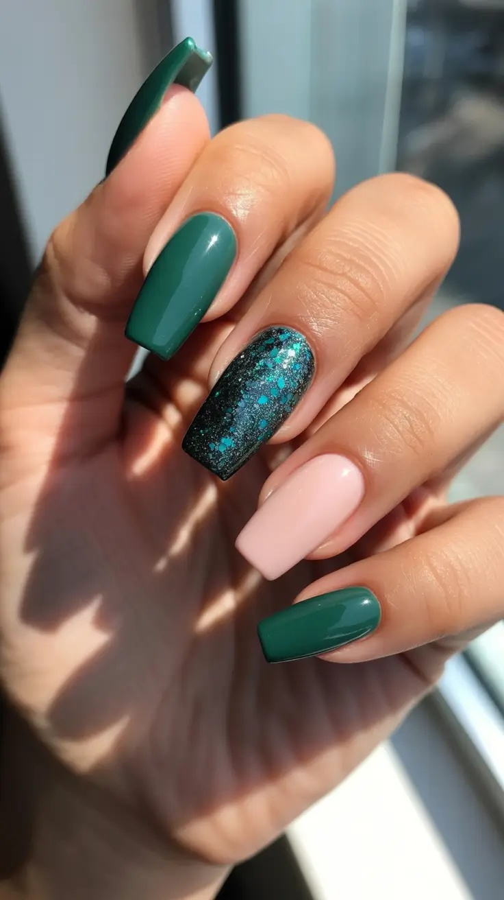 coffin nails ideas 2026 - Forest Green And Blush Mix Coffin Nails