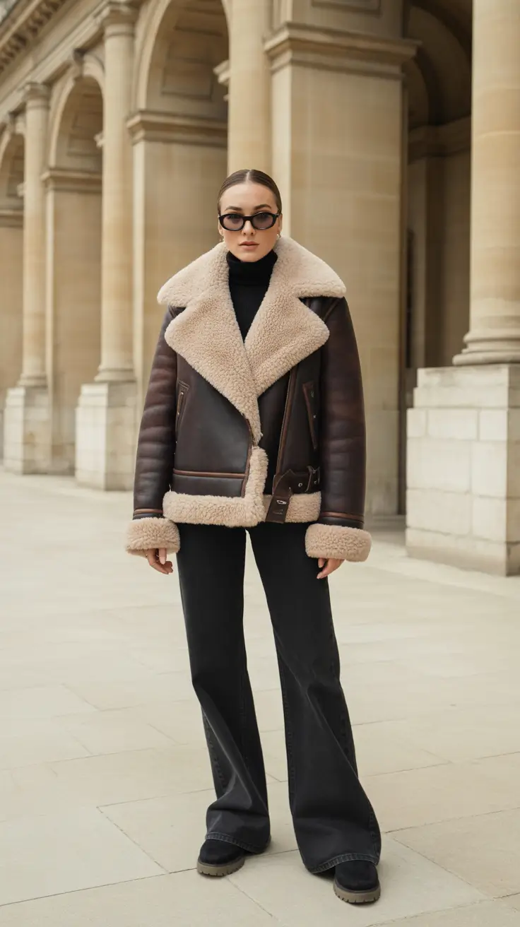 Stylish cold weather outfits 2026 - Aviator Shearling And Black Flares
