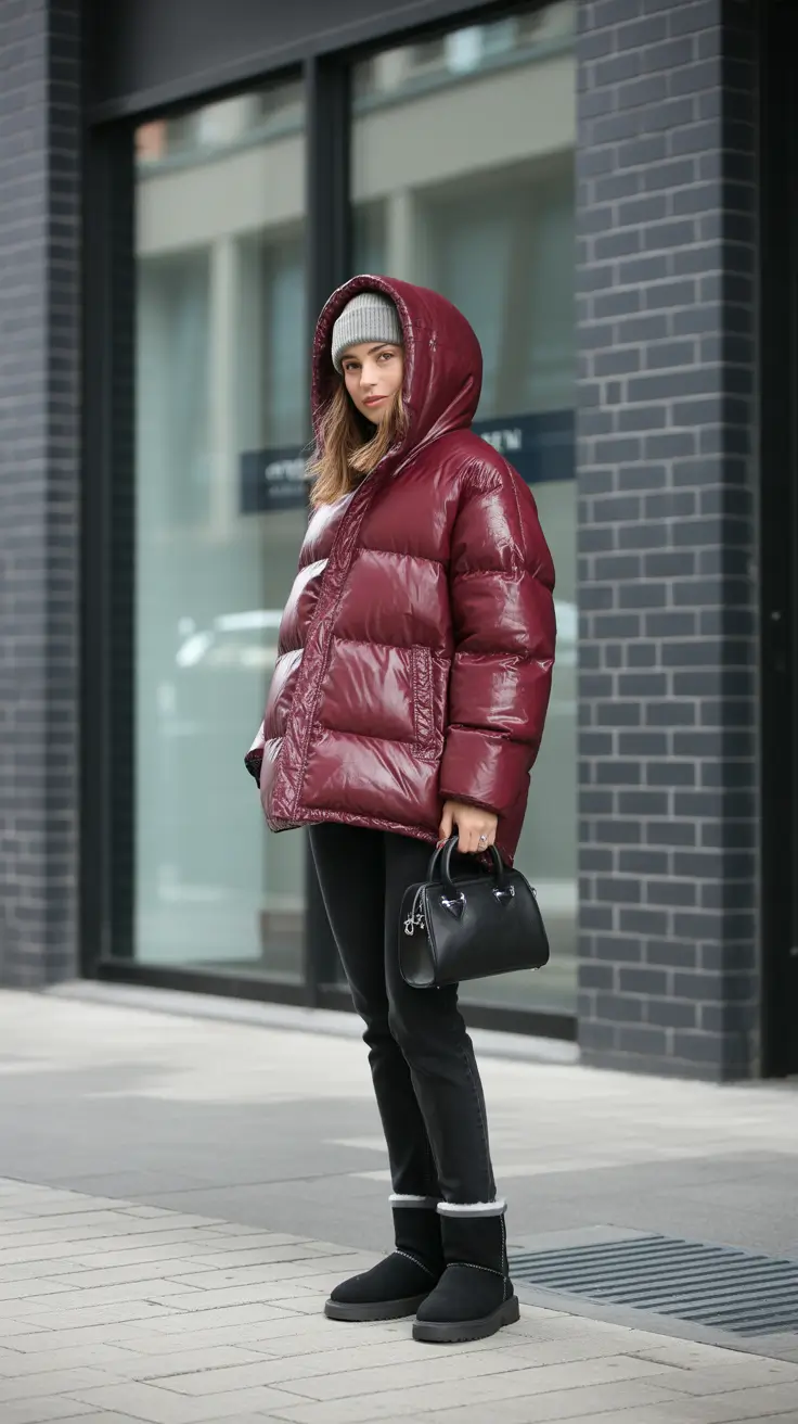 Stylish cold weather outfits 2026 - Glossy Burgundy Puffer and Knit Beanie - Warmth With Attitude