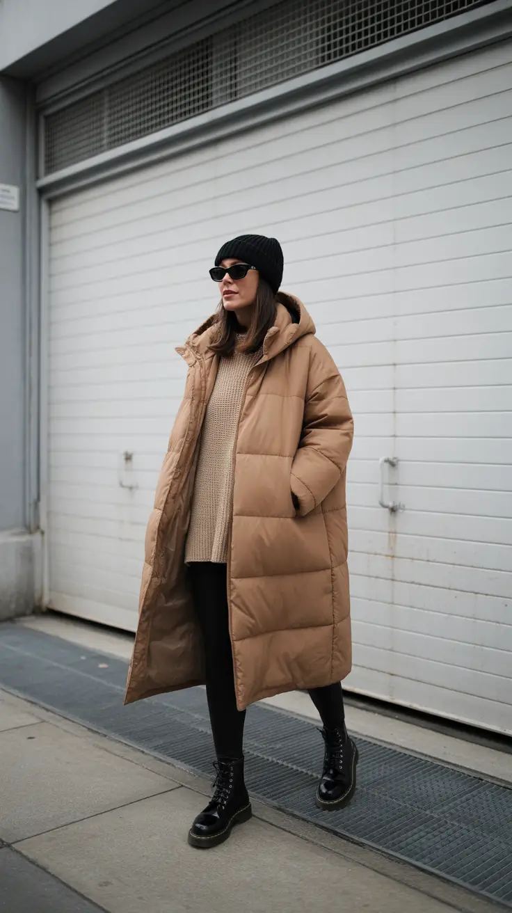 Stylish cold weather outfits 2026 - Long Camel Puffer and Combat Boots - Off-Duty Cozy Armor