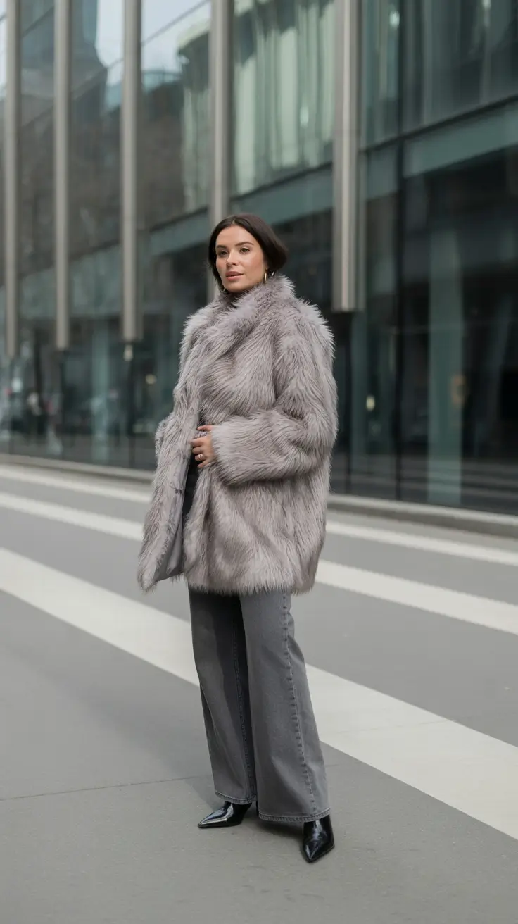 Stylish cold weather outfits 2026 - Silver-Toned Faux Fur and Grey Denim - Monochrome City Sleek