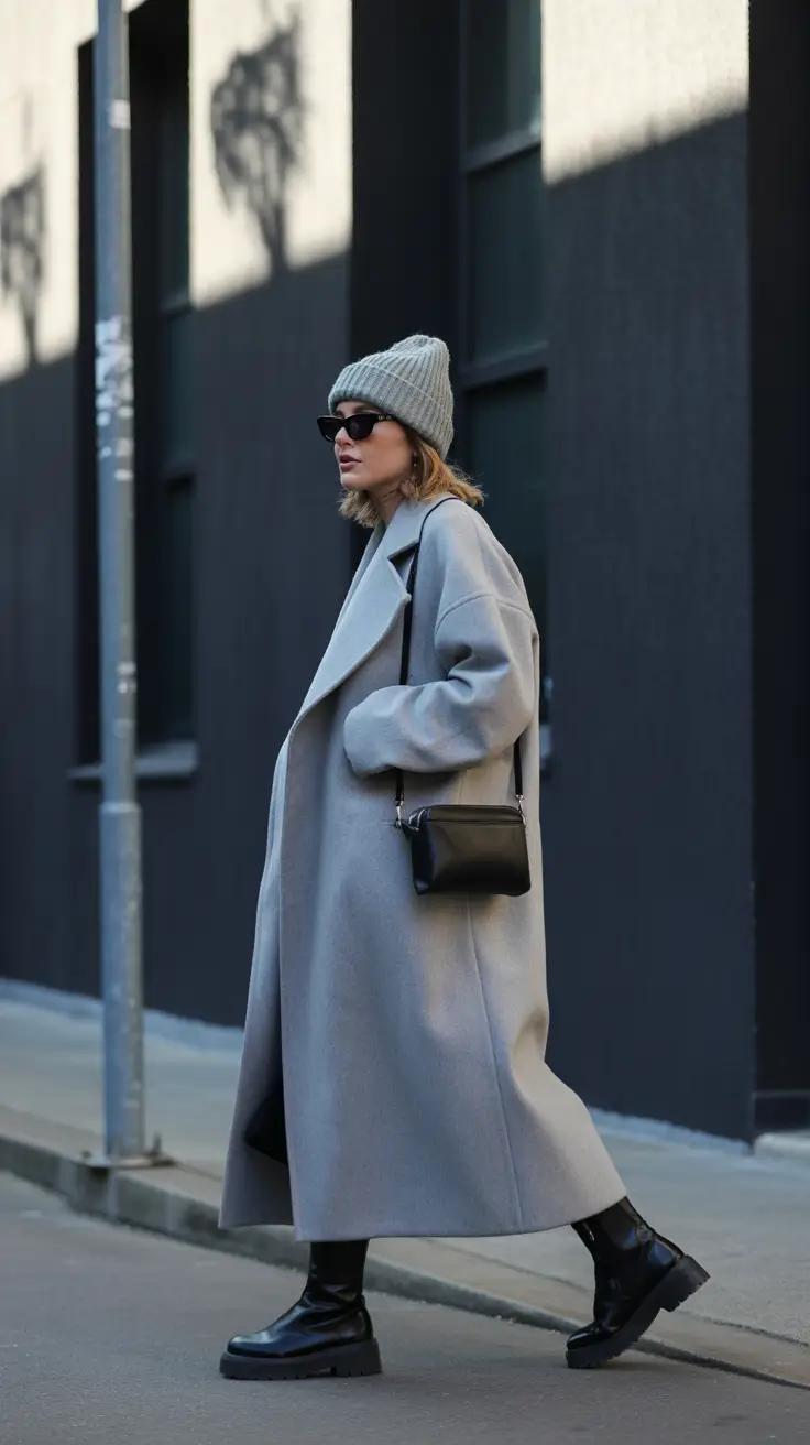 Stylish cold weather outfits 2026 - Monochrome Grey Coat With Rugged Soles