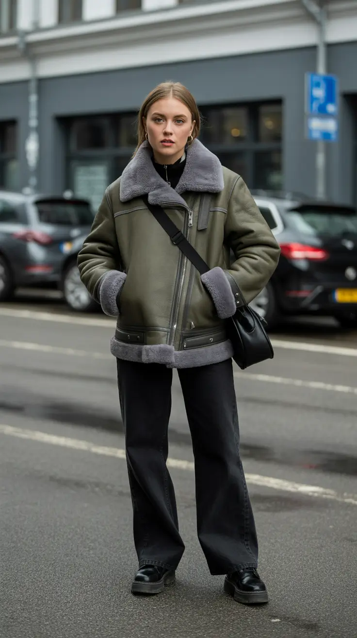 Stylish cold weather outfits 2026 - Olive Aviator Shearling With Slate Trim