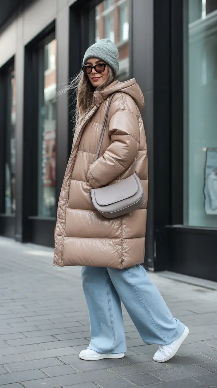 Stylish cold weather outfits 2026 - Taupe Puffer With Powder Denim And Soft Sneakers