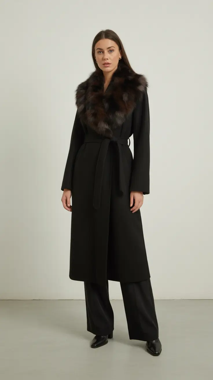 Stylish cold weather outfits 2026 - Belted Black Coat With Plush Collar