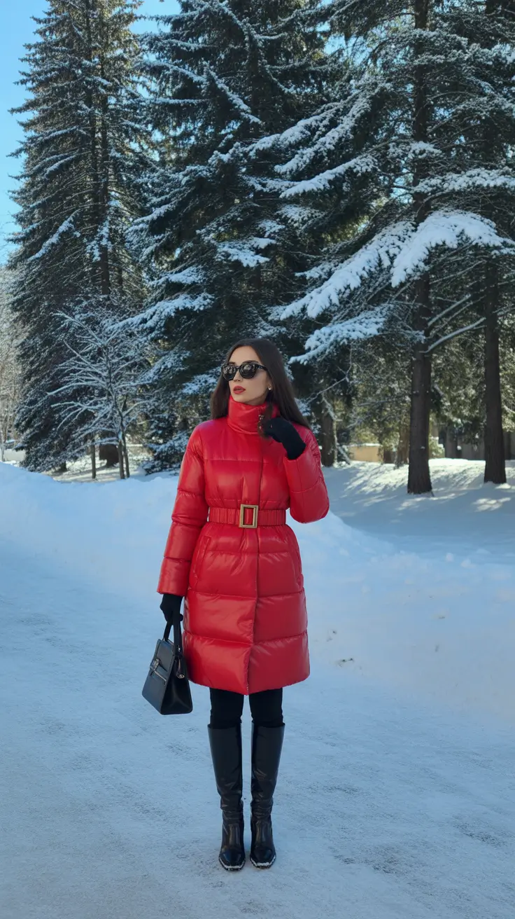Stylish cold weather outfits 2026 - Power-Puffer Red with Belted Definition
