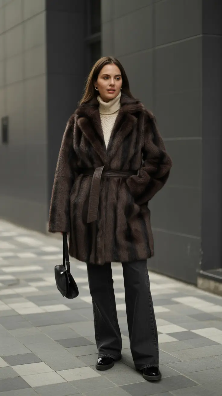 Stylish cold weather outfits 2026 - Chocolate Fur With Cream Turtleneck And Charcoal Denim
