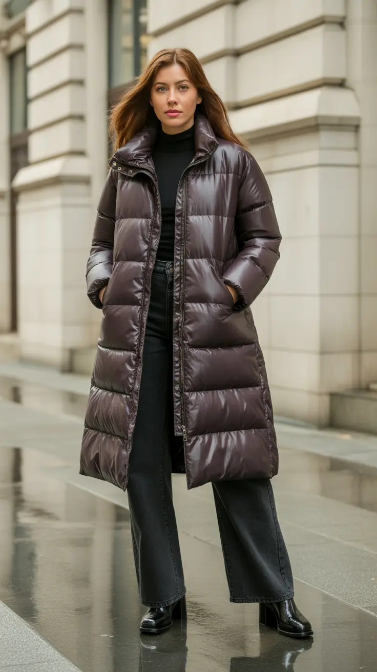 Stylish cold weather outfits 2026 - Plum Longline Puffer Over a Black Base