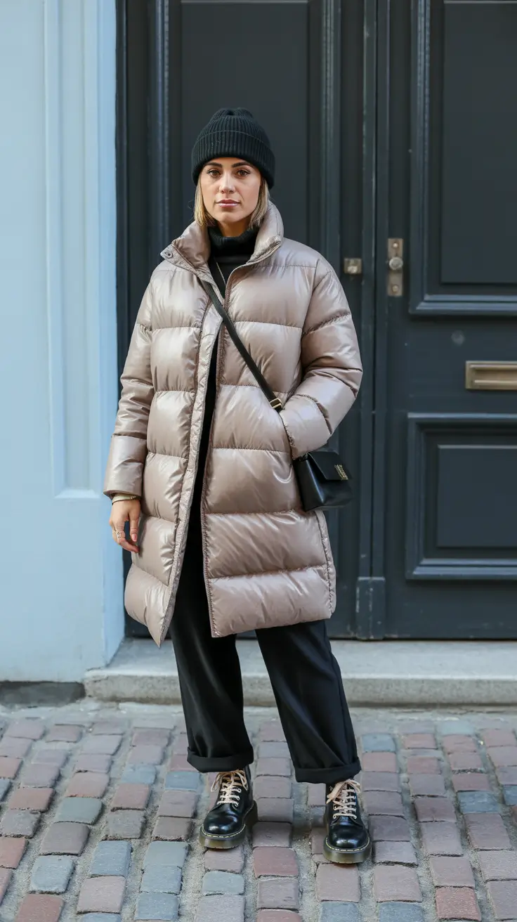 Stylish cold weather outfits 2026 - Taupe Puffer, Beanie, and Lug Soles - Weekend Utility