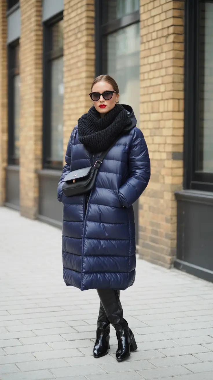 Stylish cold weather outfits 2026 - Navy Longline Puffer with Leather Gloss