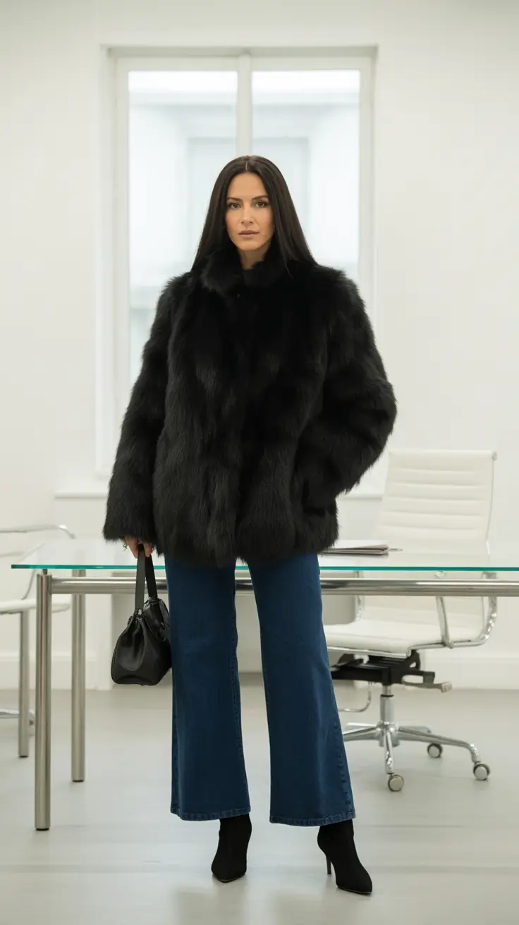 Stylish cold weather outfits 2026 - Midnight Faux Fur With Indigo Flares