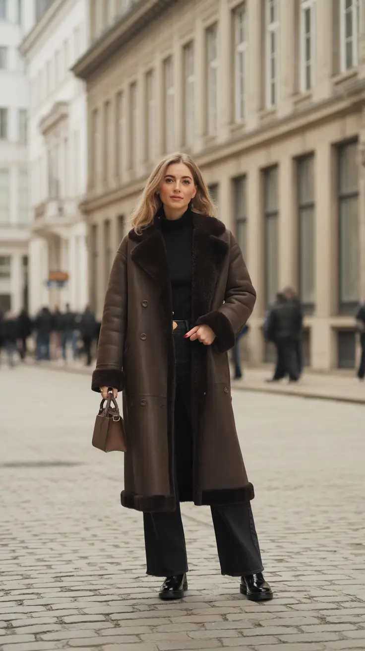 Stylish cold weather outfits 2026 - Long Shearling Coat With Polished Black Basics