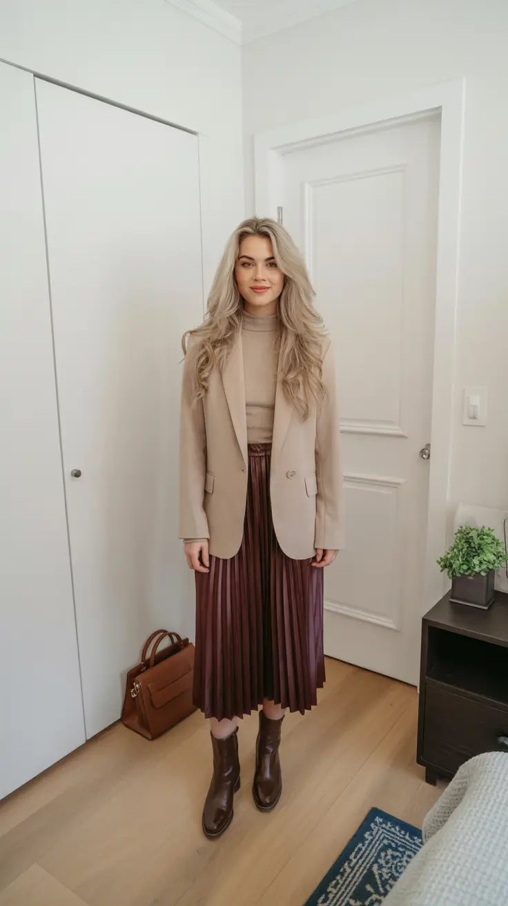 Stylish cute outfits 2026 Neutral Blazer with Burgundy Pleats