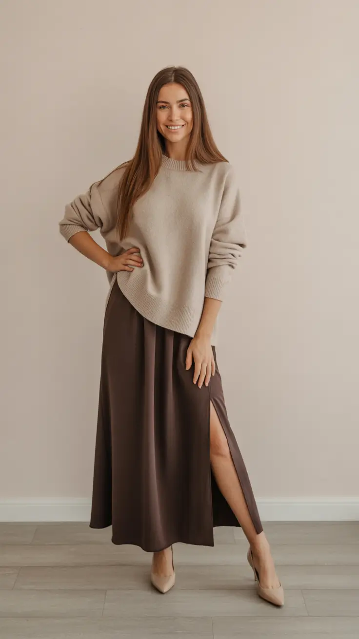 Stylish cute outfits 2026 - Cozy Taupe Knit with Chocolate Satin Midi