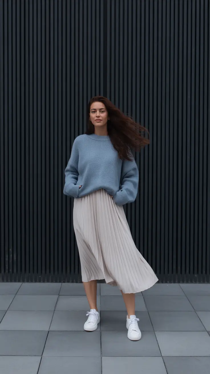 Stylish cute outfits 2026 - Sky Knit with Creamy Pleats and Sneakers