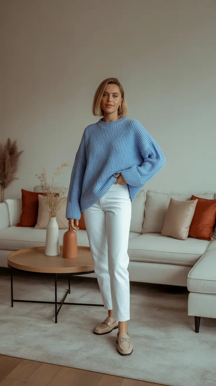 Stylish cute outfits 2026 - Powder Blue Chunky Knit with Clean White Denim