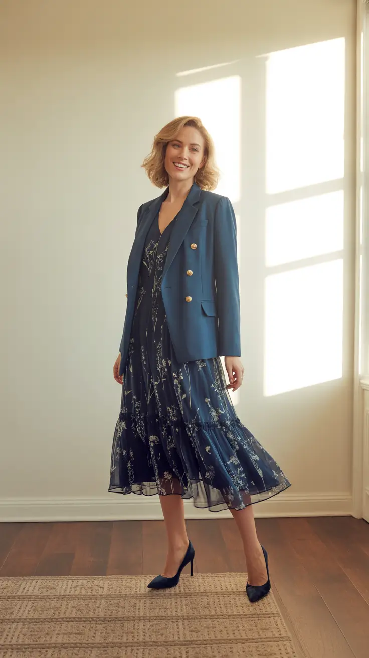 Stylish cute outfits 2026 - Midnight Floral Dress with Brass-Button Blazer
