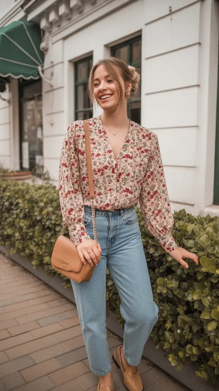 Stylish cute outfits 2026 - Floral Blouse, Light Denim And Tan Loafers