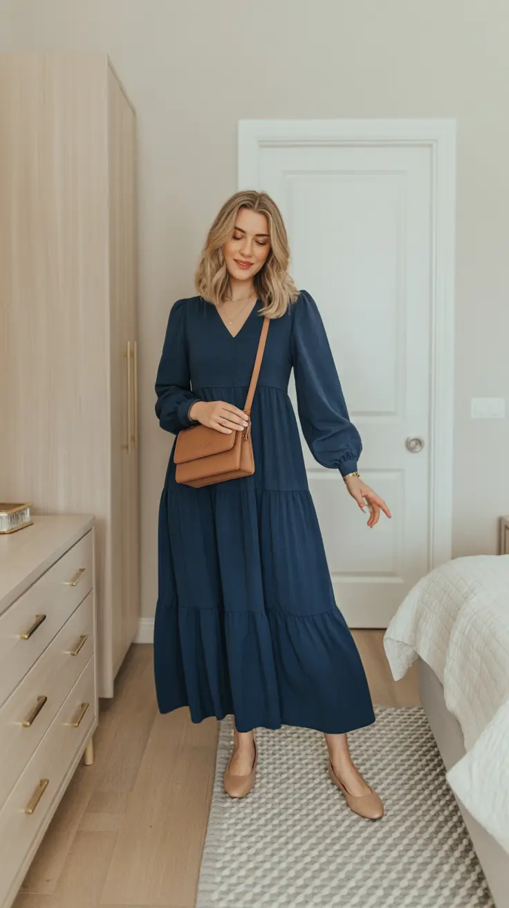 Stylish cute outfits 2026 - Navy Tiered Midi With Soft Flats