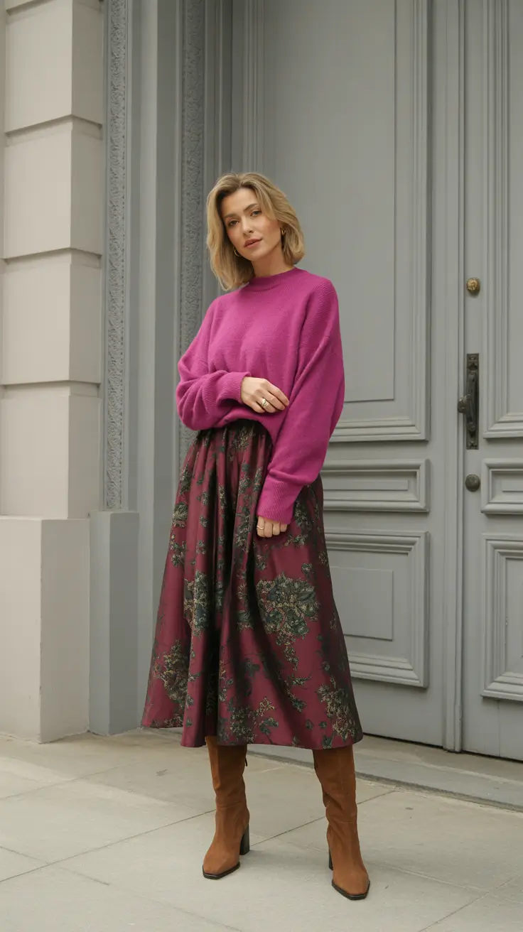 Stylish cute outfits 2026 - Fuchsia Knit And Paisley Midi With Knee Boots